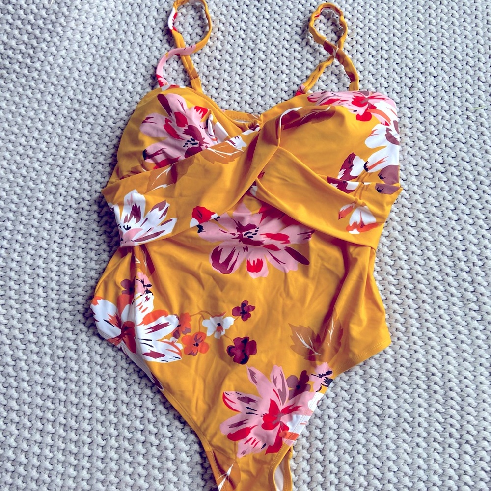 Yellow floral one-piece swimsuit - 22W
